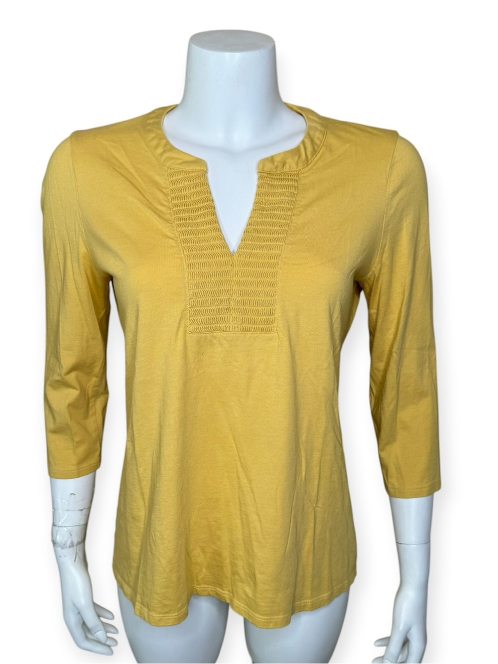 Chico’s Smocked Notch V-neck Top Tunic M Size 1 Popover Goldenrod Yellow